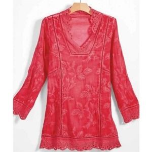 Soft Surroundings Sunset Coral Pink Embroidered Boho Chic Tunic Women's Size S